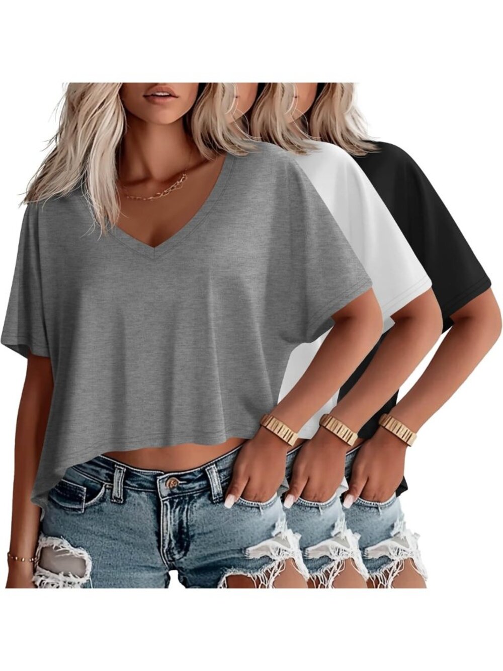 3 Pack Women's Oversized V Neck T-Shirts - Comfy Casual Tops for Everyday Wear